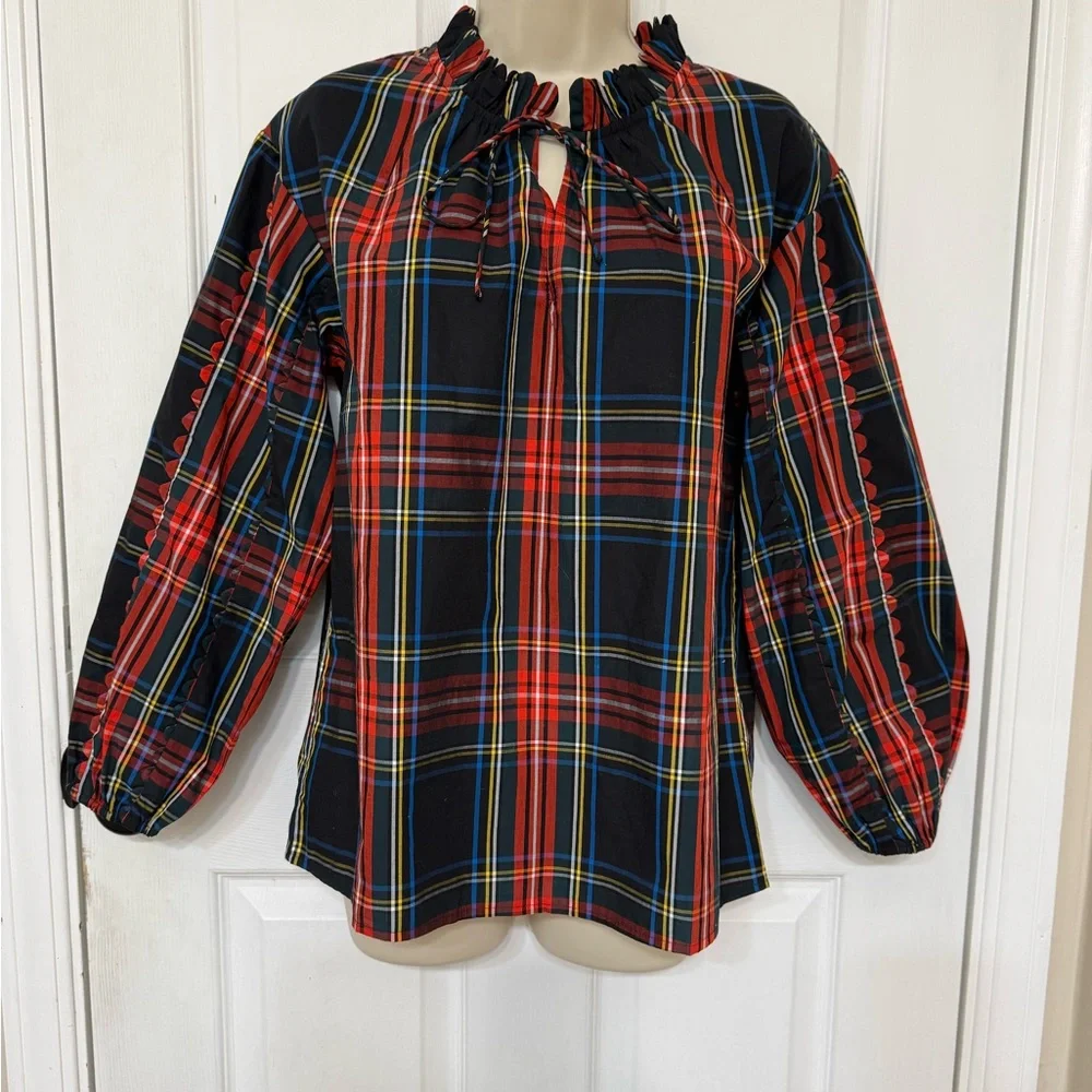 J.Crew Stewart Tartan Plaid Tie Neck Ruffle Blouse Top XS